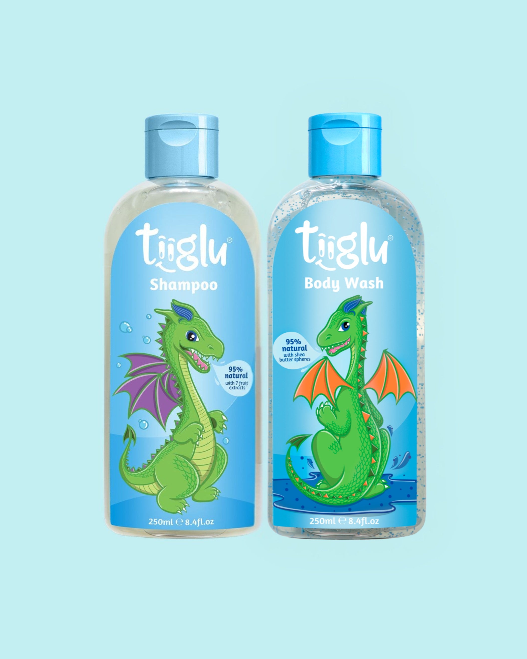 Tiiglu® Dragon Claws Set: A fruity bubblegum duo for kids featuring a playful dragon—Dragon Shampoo (95% natural) and Body Wash (95% natural). Vegan, cruelty-free, in eco-friendly packaging.