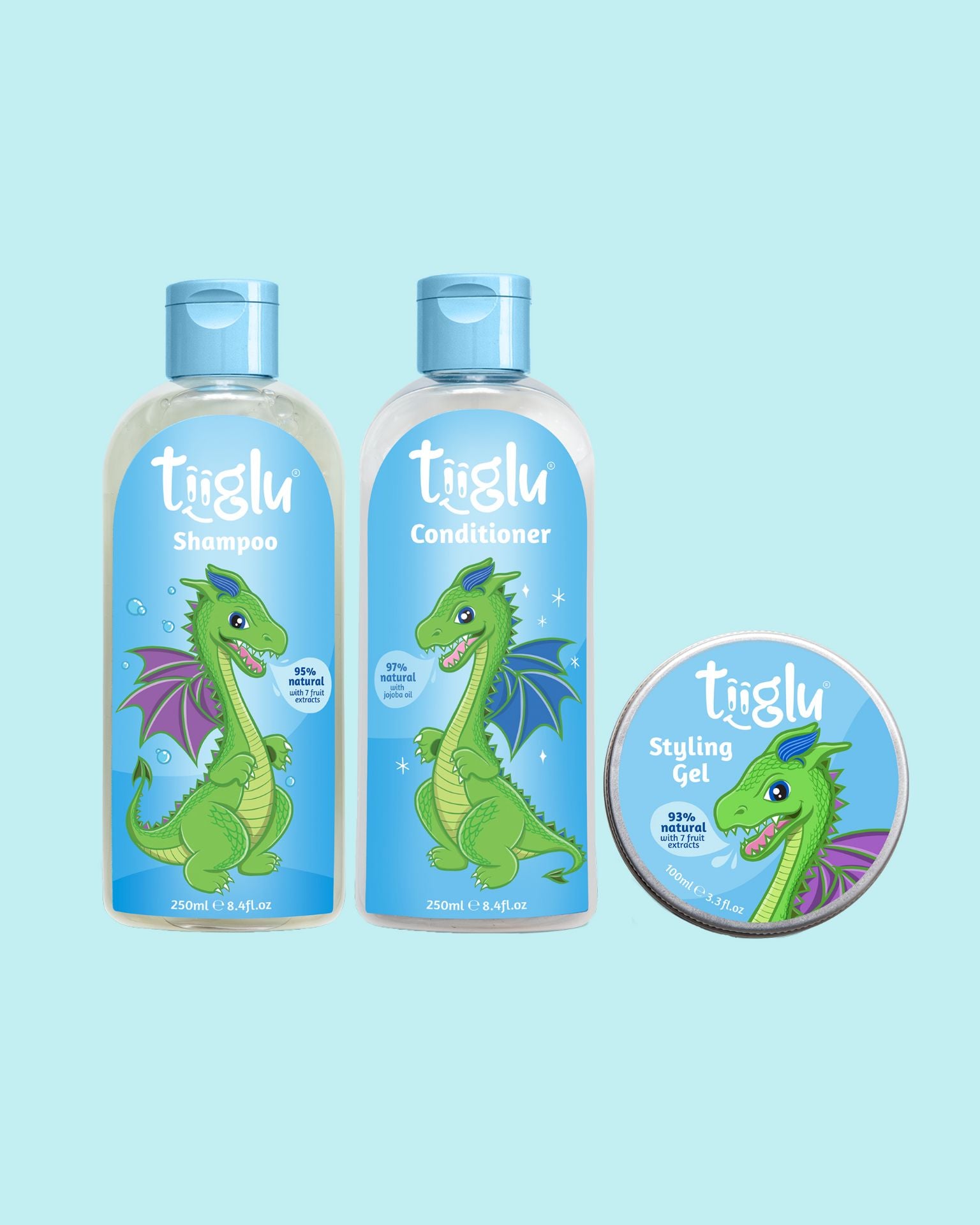 Tiiglu® Dragon Mane Set: A magical trio for kids featuring a playful dragon—Dragon Shampoo (95% natural), Conditioner (97% natural), and Styling Gel (93% natural). Vegan, cruelty-free, in eco-friendly packaging.