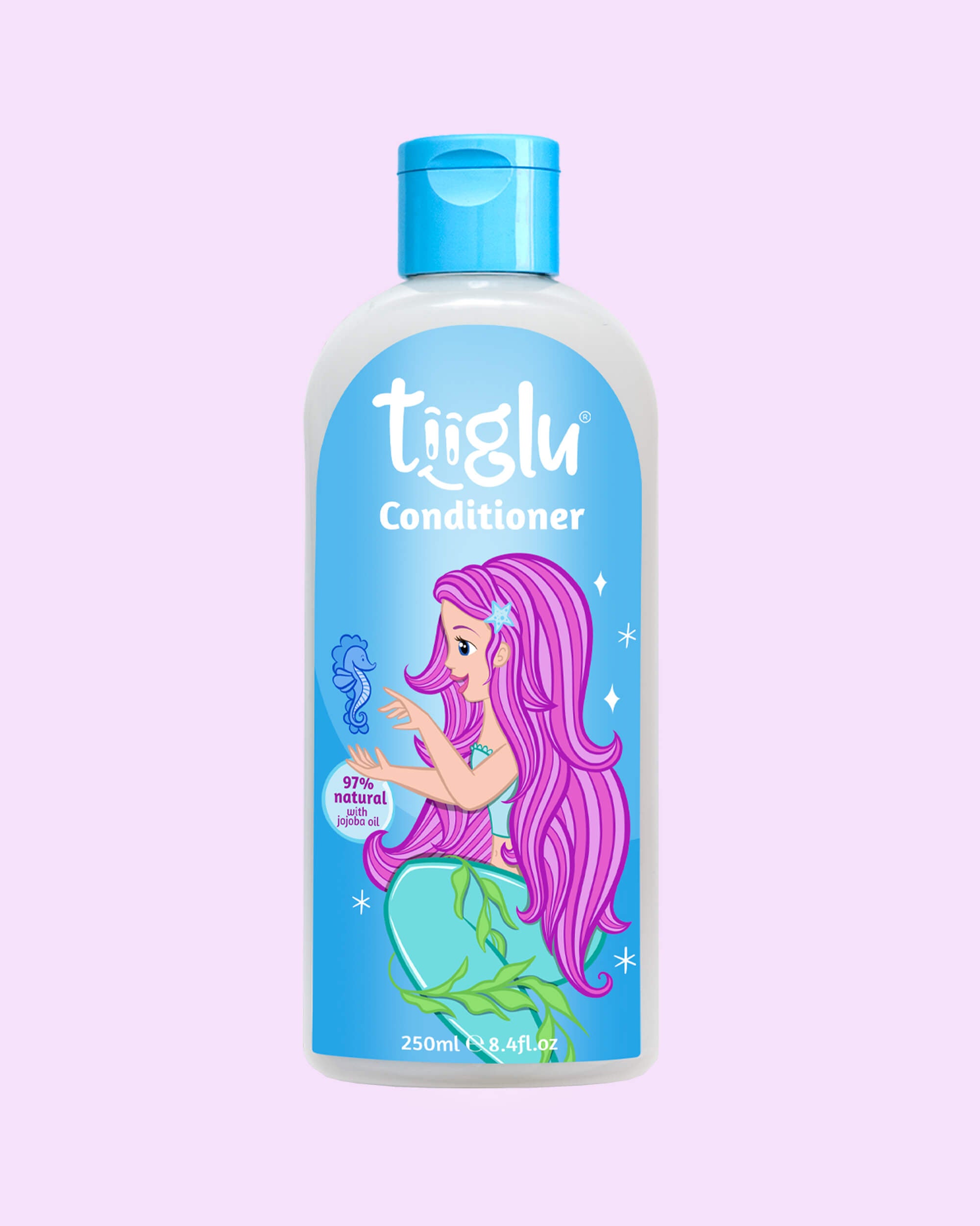Tiiglu® Kids Mermaid Conditioner (250ml) with a mermaid with pink hair on a light blue label, &