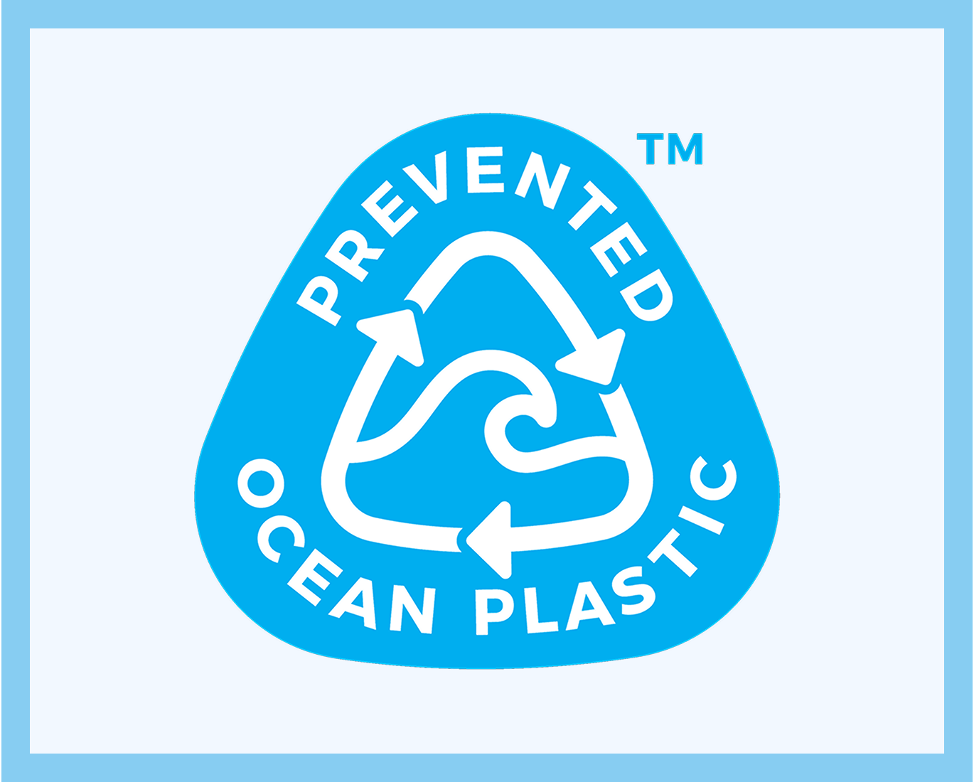 The triangular blue prevented ocean plastic symbol on he We care page to indicate that the Tiiglu® brand uses 100% recycled plastic bottles.