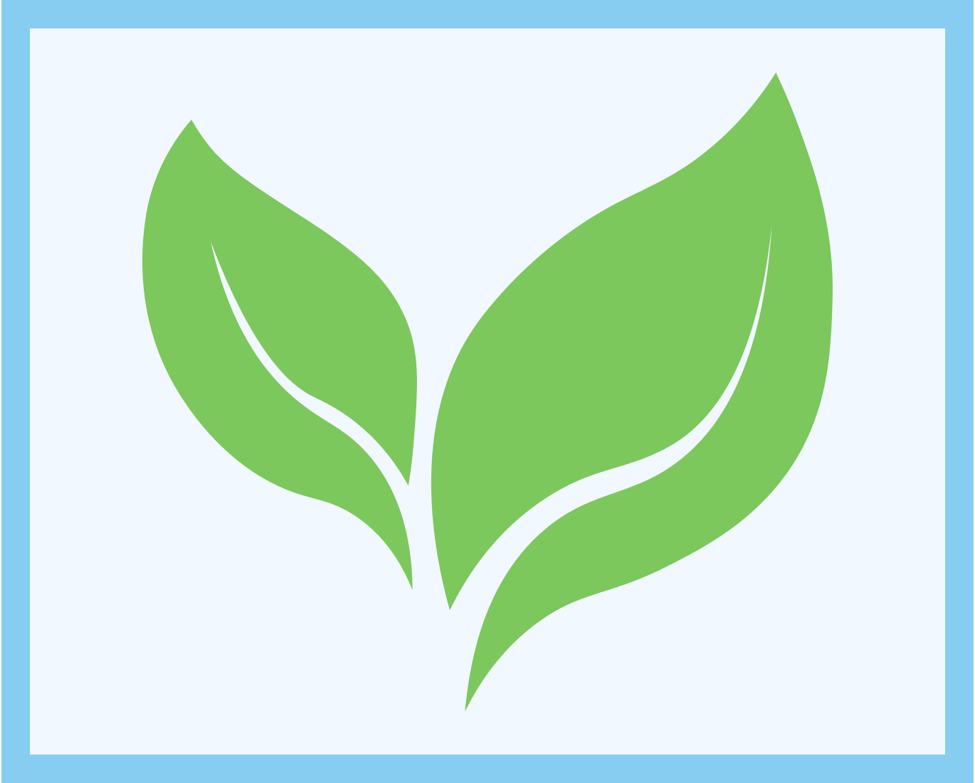 An illustration of two green leaves on a light blue background, symbolizing Vegan Friendly, with a blue border, featured on the Tiiglu® we care page