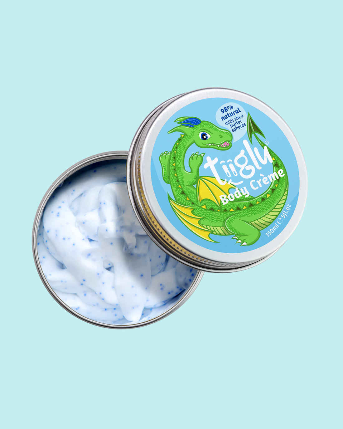 Tiiglu® Kids Dragon Body Crème (150ml) in an open jar with blue shea butter spheres. Label has a green dragon on light blue, &