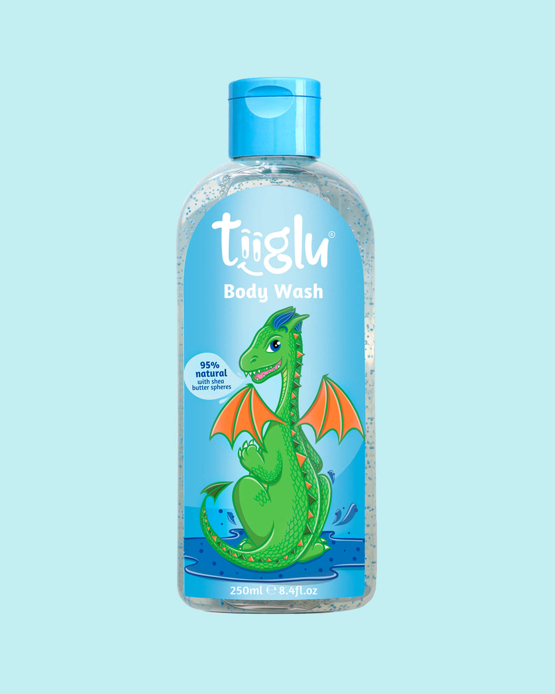 Tiiglu® Kids Dragon Body Wash (250ml) with a green dragon on a light blue label, &