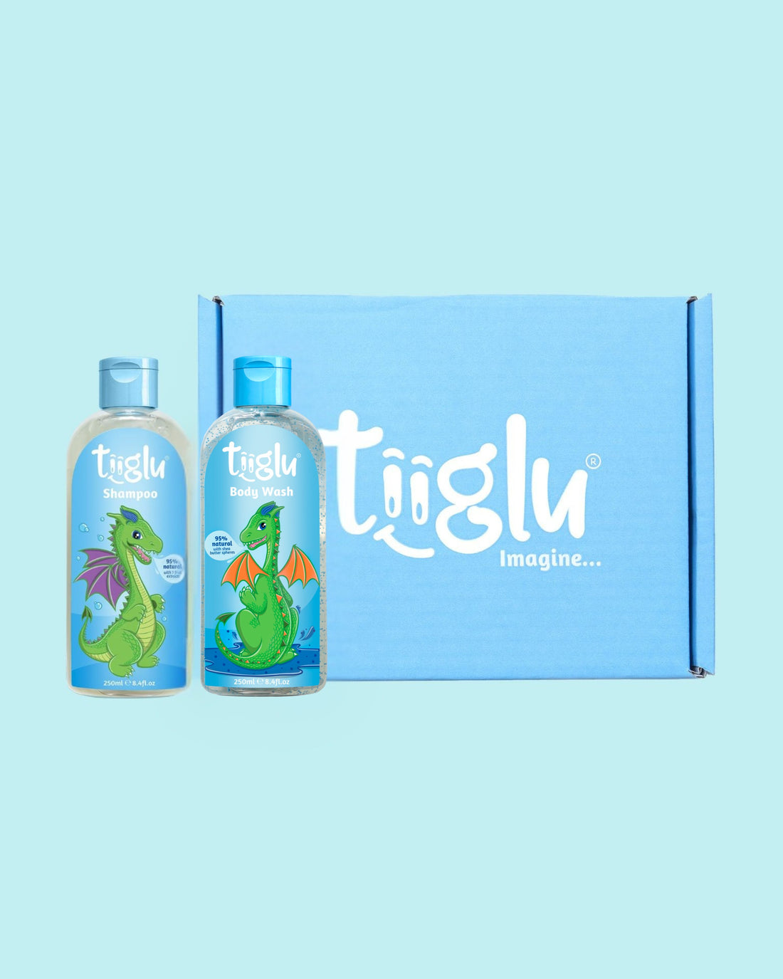 iiglu® Dragon Claws Gift Set: A fruity bubblegum duo for kids featuring a playful dragon—Dragon Shampoo (95% natural) and Body Wash (95% natural). Vegan, cruelty-free, in eco-friendly packaging, presented in a blue Tiiglu® gift box.