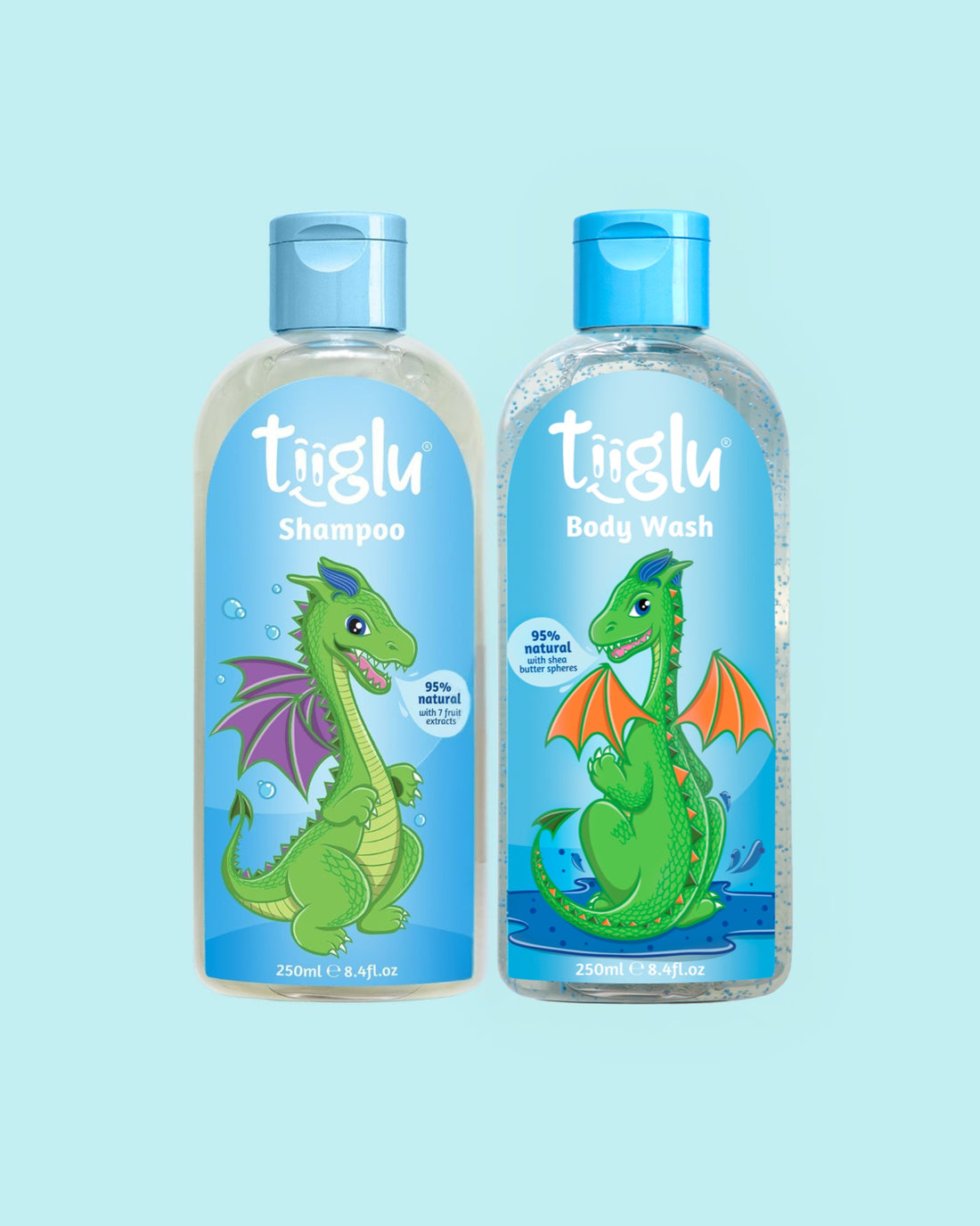 Tiiglu® Dragon Claws Set: A fruity bubblegum duo for kids featuring a playful dragon—Dragon Shampoo (95% natural) and Body Wash (95% natural). Vegan, cruelty-free, in eco-friendly packaging.
