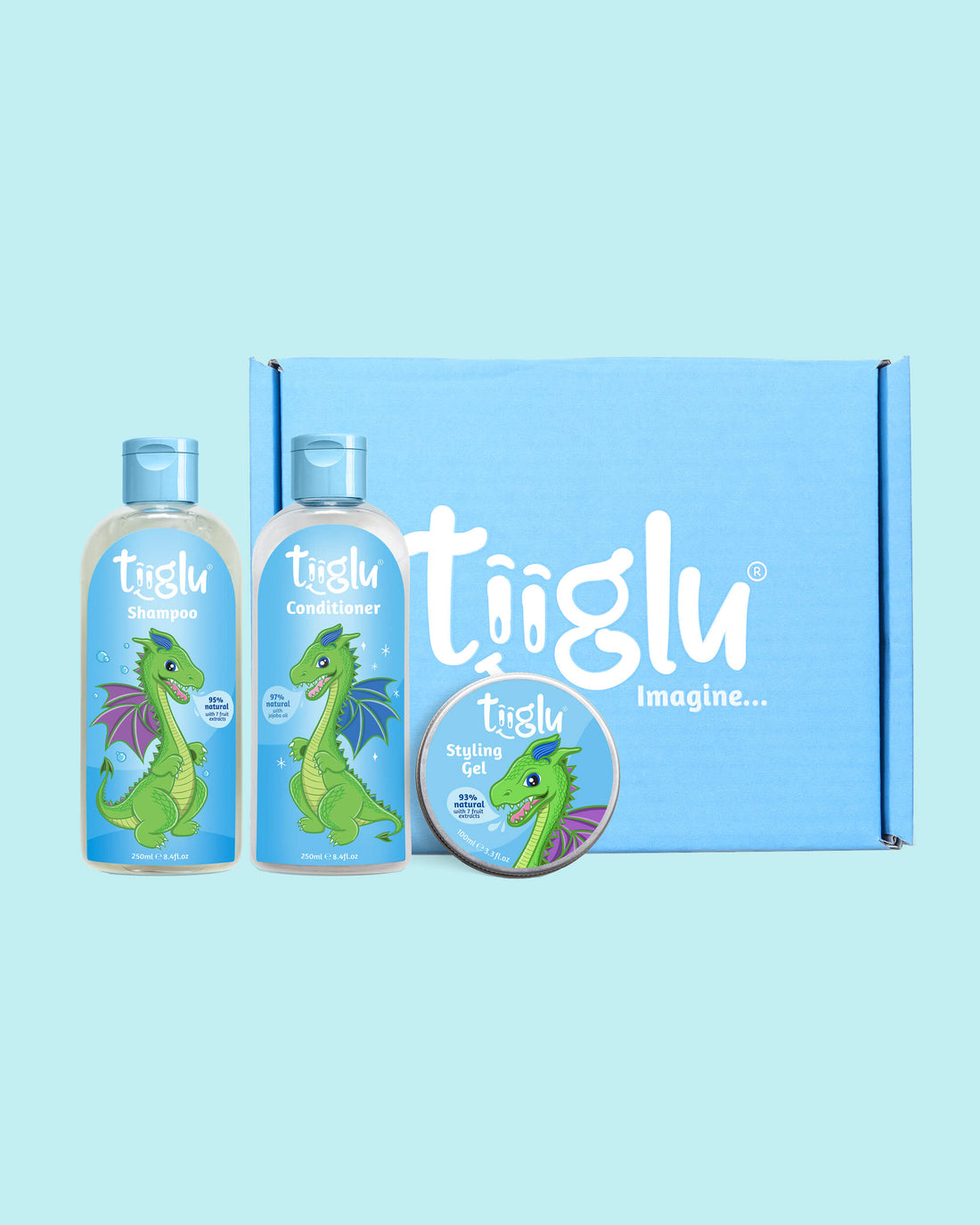 Tiiglu® Dragon Mane Gift Set: A magical trio for kids featuring a playful dragon—Dragon Shampoo (95% natural), Conditioner (97% natural), and Styling Gel (93% natural). Vegan, cruelty-free, in eco-friendly packaging, presented in a blue Tiiglu® gift box.