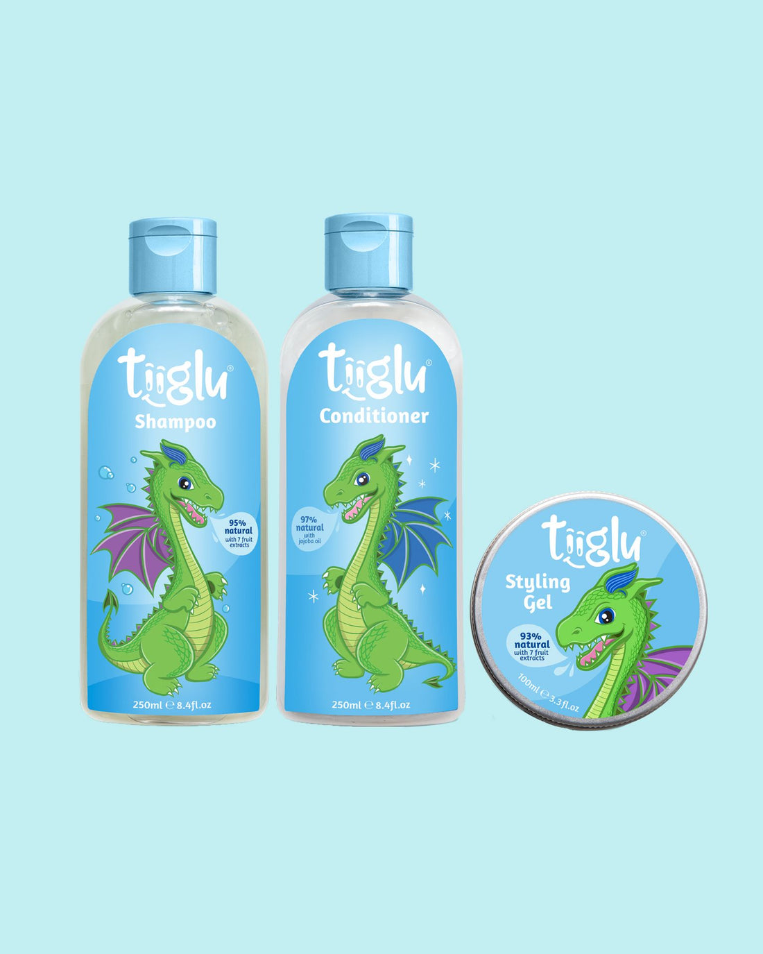 Tiiglu® Dragon Mane Set: A magical trio for kids featuring a playful dragon—Dragon Shampoo (95% natural), Conditioner (97% natural), and Styling Gel (93% natural). Vegan, cruelty-free, in eco-friendly packaging.
