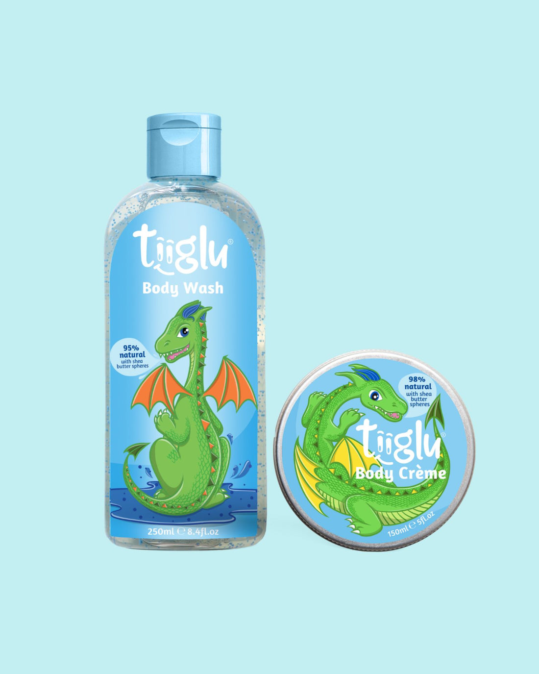 Tiiglu® Dragon Scales Set: A fruity bubblegum duo for kids featuring a playful dragon—Dragon Body Wash (95% natural) and Body Crème (98% natural). Vegan, cruelty-free, in eco-friendly packaging.