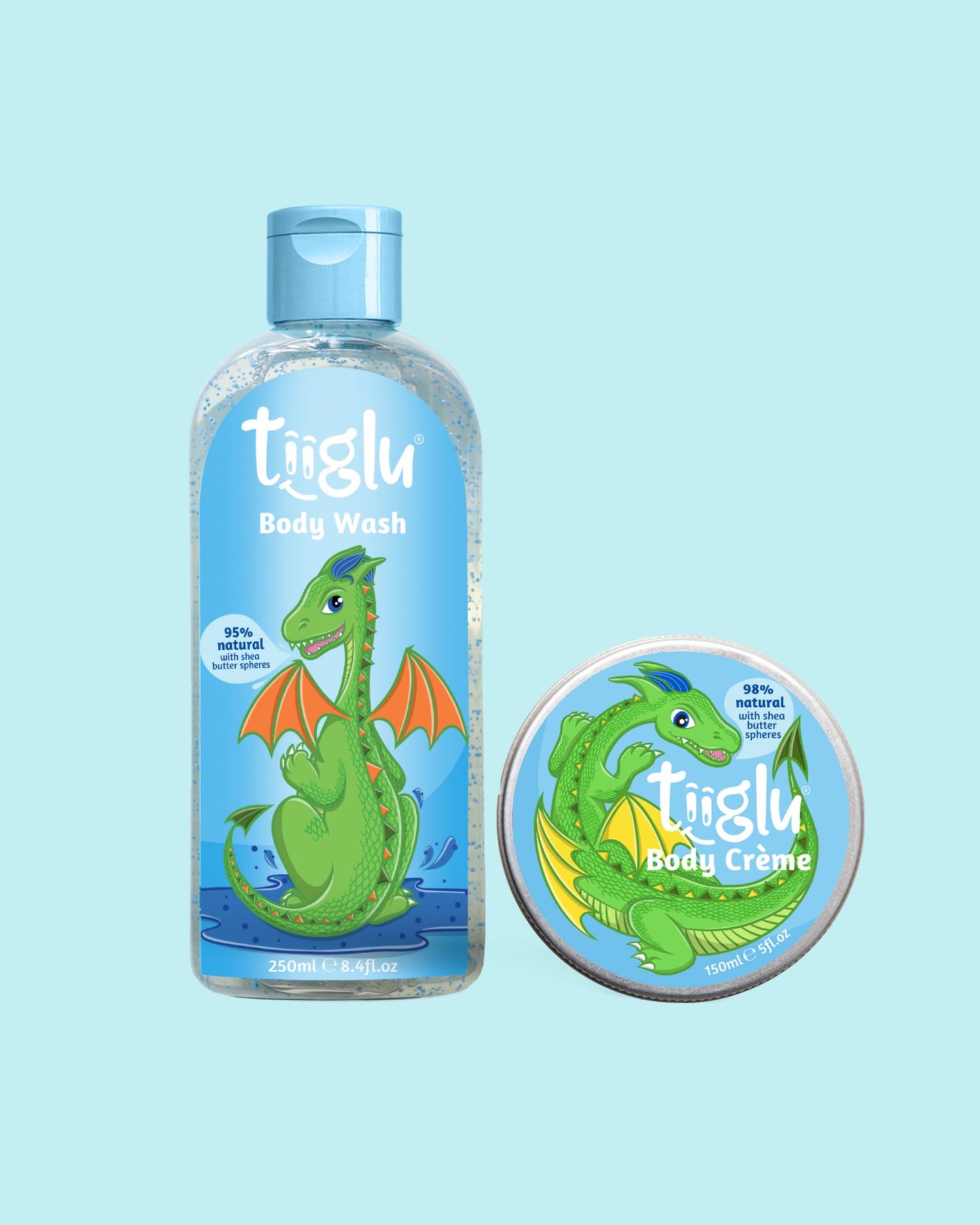 Tiiglu® Dragon Scales Set: A fruity bubblegum duo for kids featuring a playful dragon—Dragon Body Wash (95% natural) and Body Crème (98% natural). Vegan, cruelty-free, in eco-friendly packaging.
