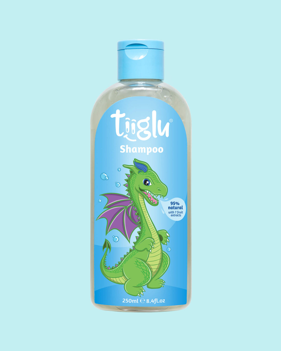 Tiiglu® Kids Dragon Shampoo (250ml) with a green dragon on a light blue label, &