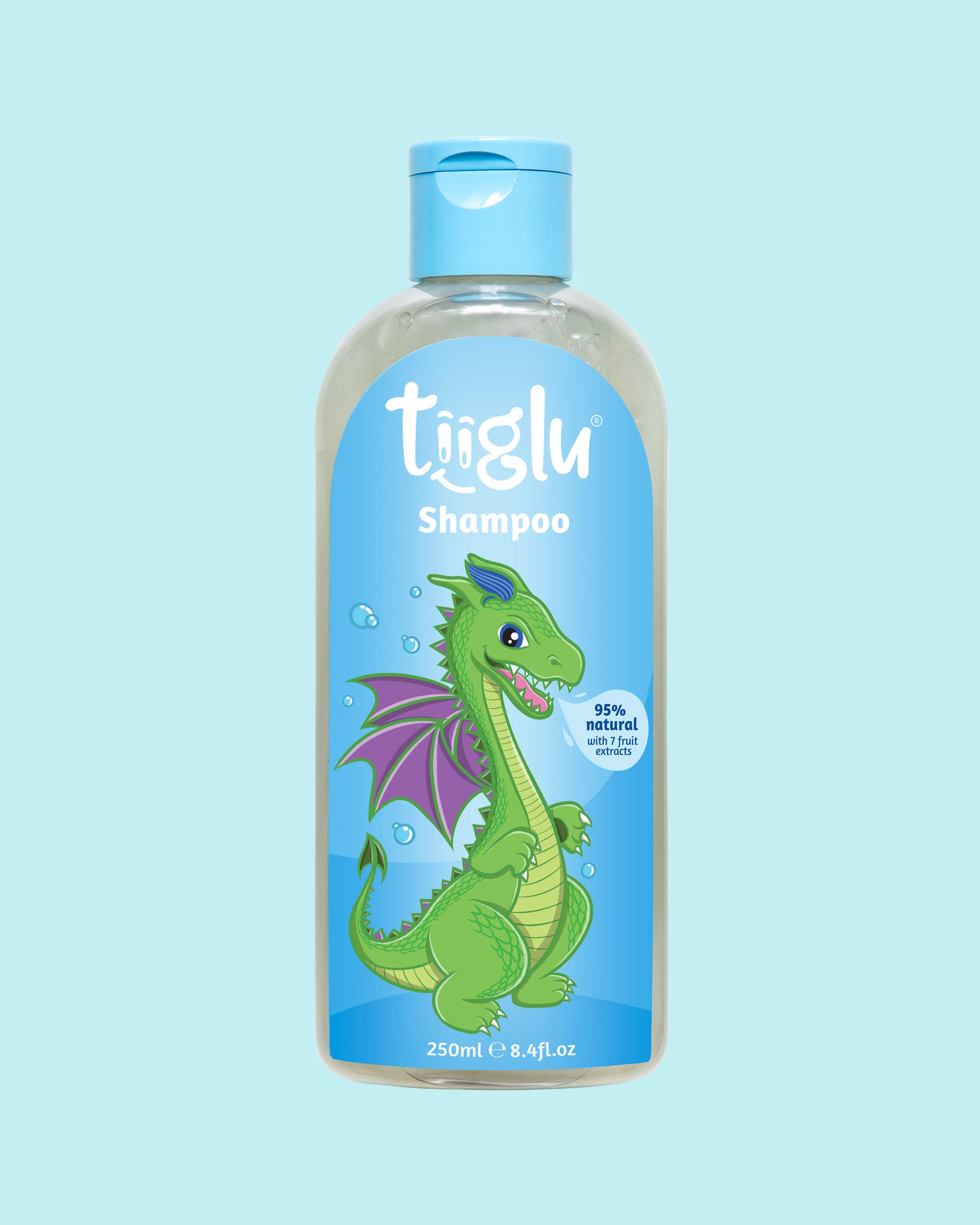 Tiiglu® Kids Dragon Shampoo (250ml) with a green dragon on a light blue label, &