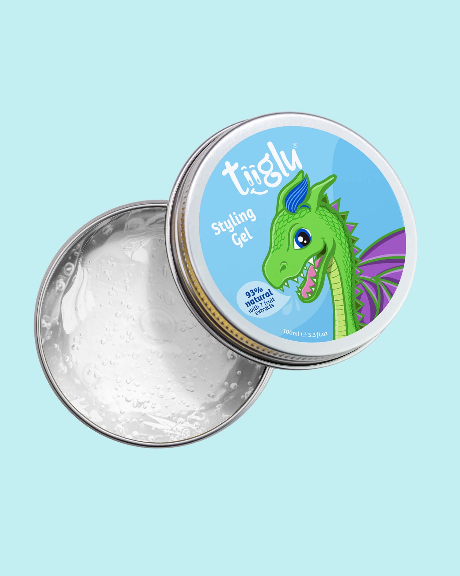 Tiiglu® Kids Dragon Styling Gel (100ml) in an open tin with clear, fragrance-free gel. Label has a green dragon on light blue, &