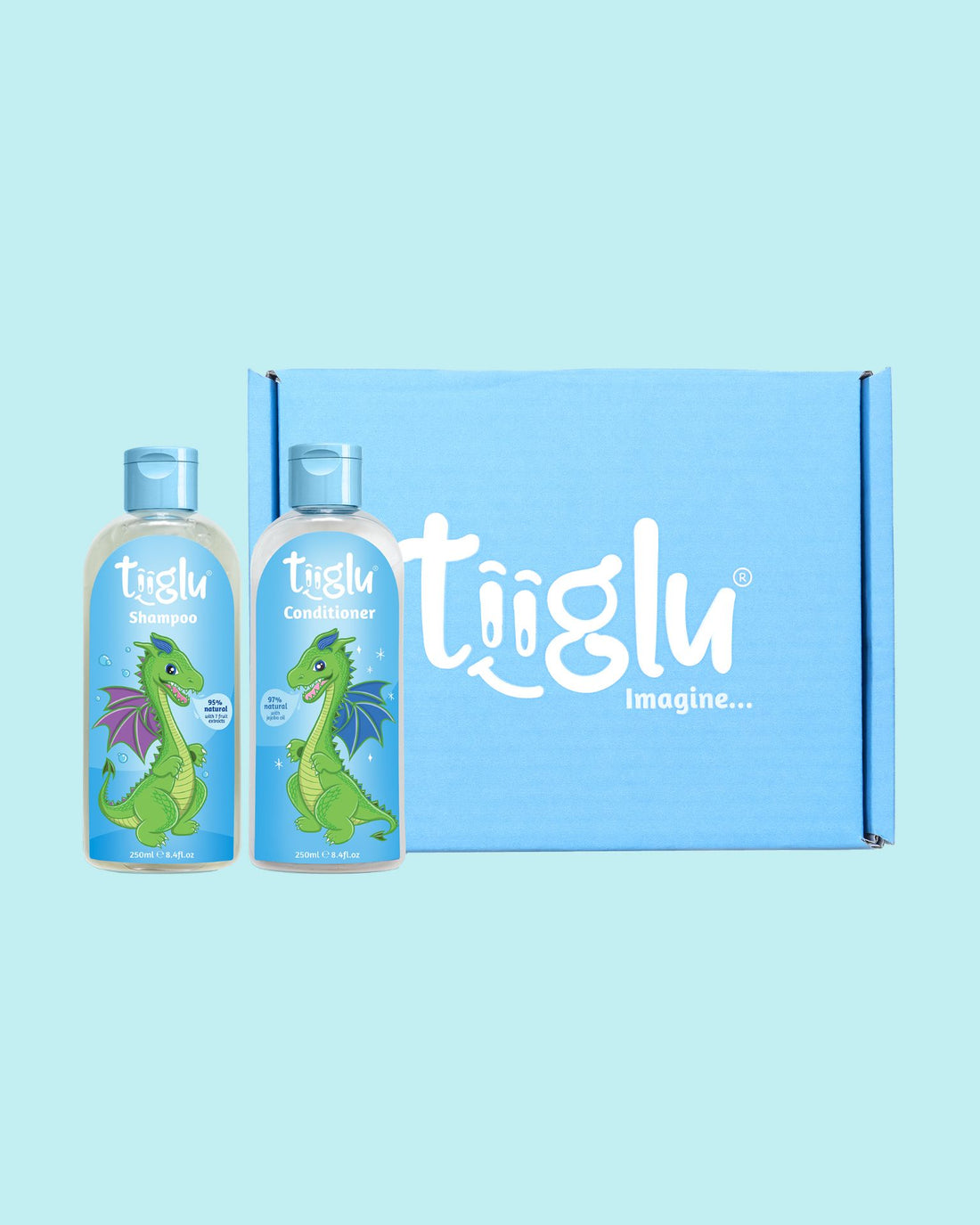 Tiiglu® Dragon Wings Gift Set: A fruity bubblegum duo for kids featuring a playful dragon—Dragon Shampoo (95% natural) and Conditioner (97% natural). Vegan, cruelty-free, in eco-friendly packaging, presented in a blue Tiiglu® gift box.