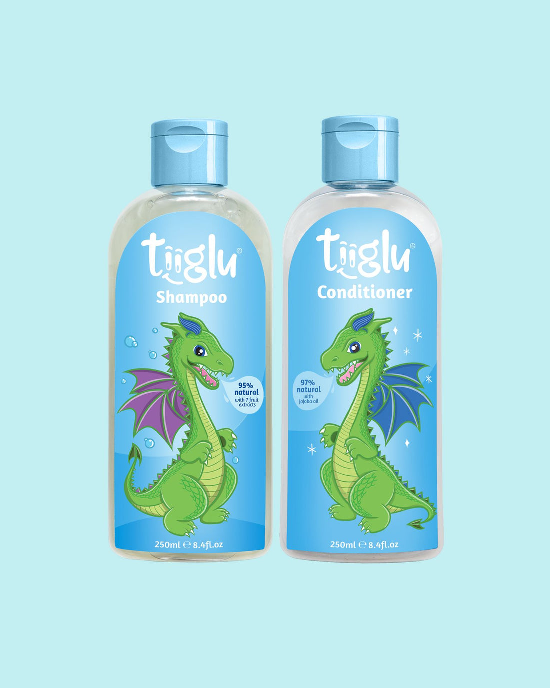 Tiiglu® Dragon Wings Set: A fruity bubblegum duo for kids featuring a playful dragon—Dragon Shampoo (95% natural) and Conditioner (97% natural). Vegan, cruelty-free, in eco-friendly packaging.