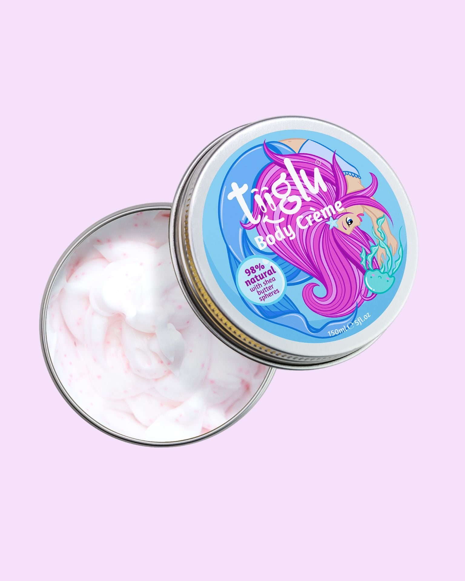 Tiiglu® Kids Mermaid Body Crème (150ml) in an open jar with cream and light pink shea butter spheres in it. Label has a pink-haired mermaid on light blue, &