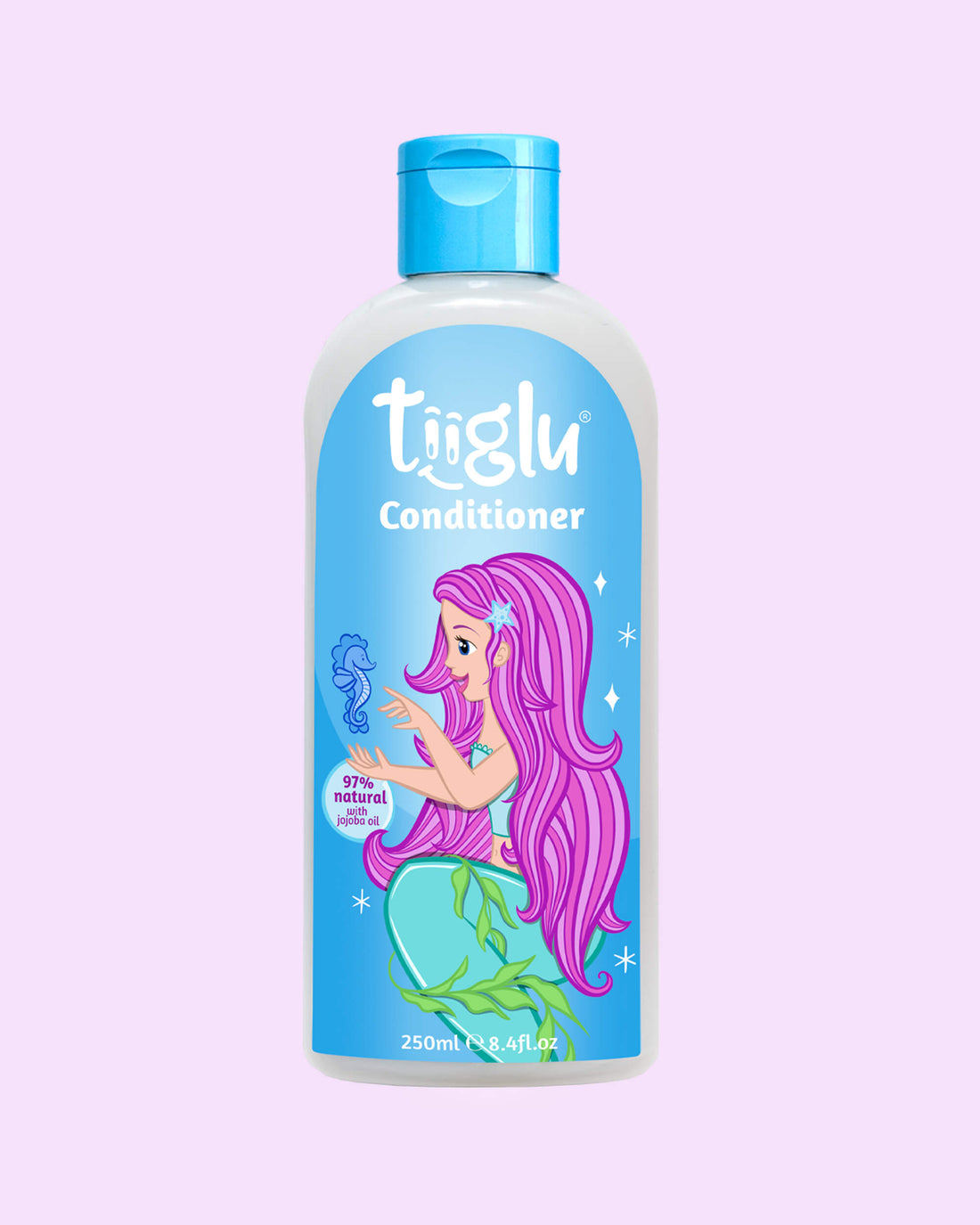 Tiiglu® Kids Mermaid Conditioner (250ml) with a mermaid with pink hair on a light blue label, &
