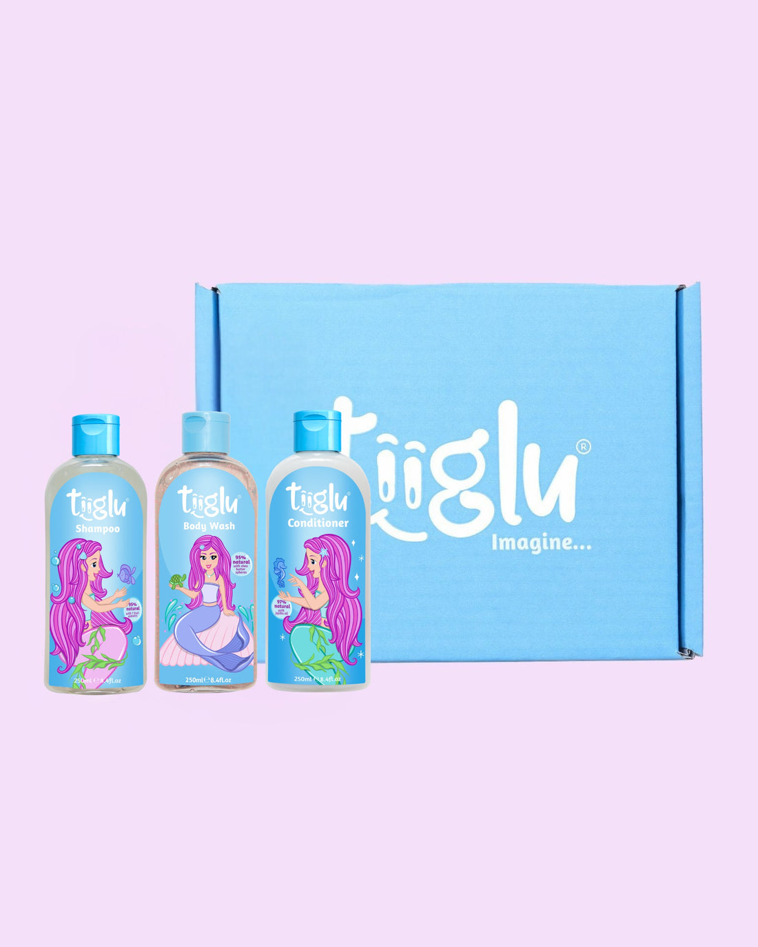 Tiiglu® Kids Mermaid Dazzle Gift Set with Shampoo (95% natural), Body Wash (95% natural), and Conditioner (97% natural), each 250ml, featuring a pink-haired mermaid on light blue labels, in a blue Tiiglu® gift box.