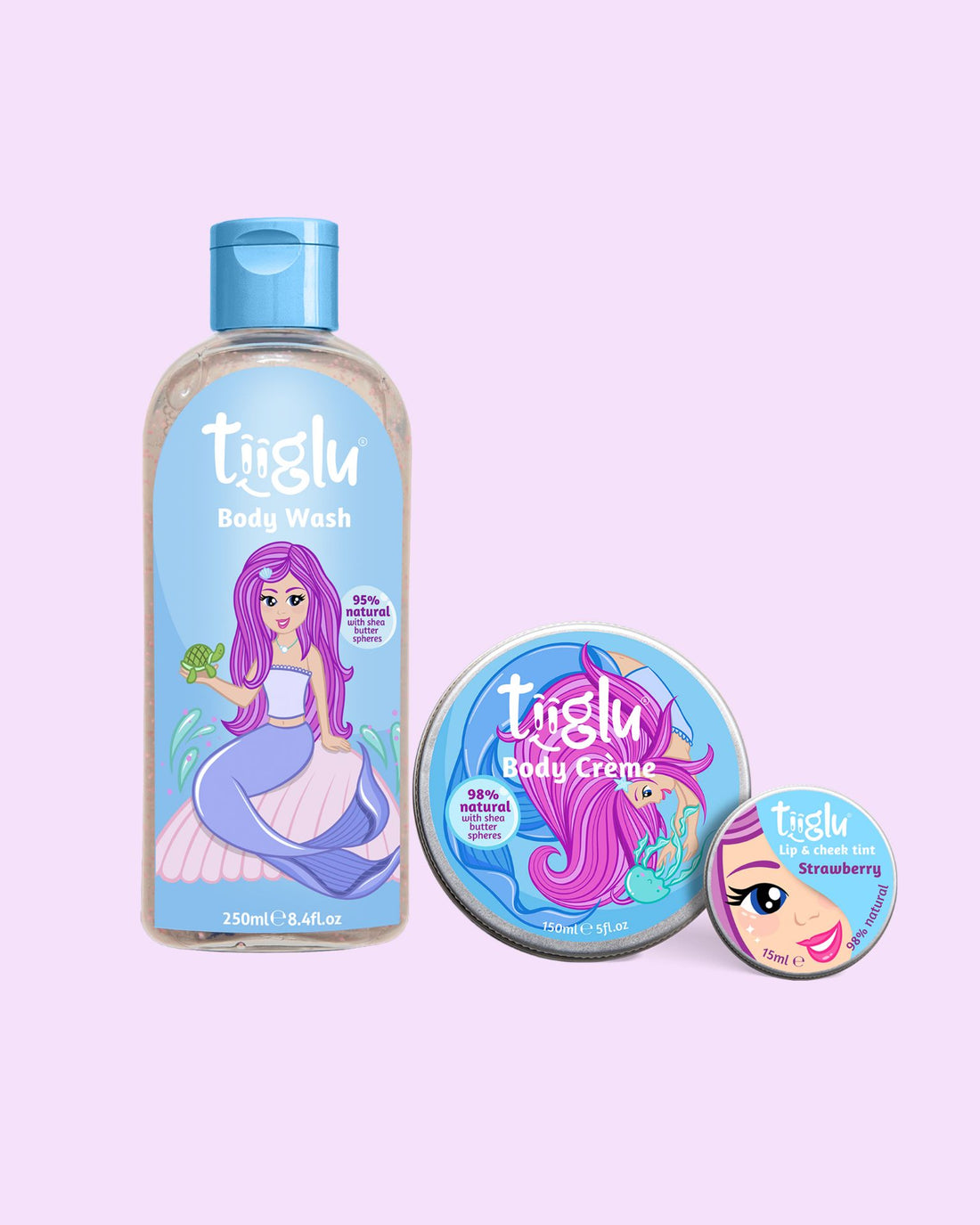 Tiiglu® Kids Mermaid Glow Set: A magical trio for kids featuring a pink-haired mermaid—Mermaid Body Wash (95% natural), Body Crème (98% natural), and strawberry pink Lip &amp; Cheek Tint (98% natural). Vegan, cruelty-free, in eco-friendly packaging.