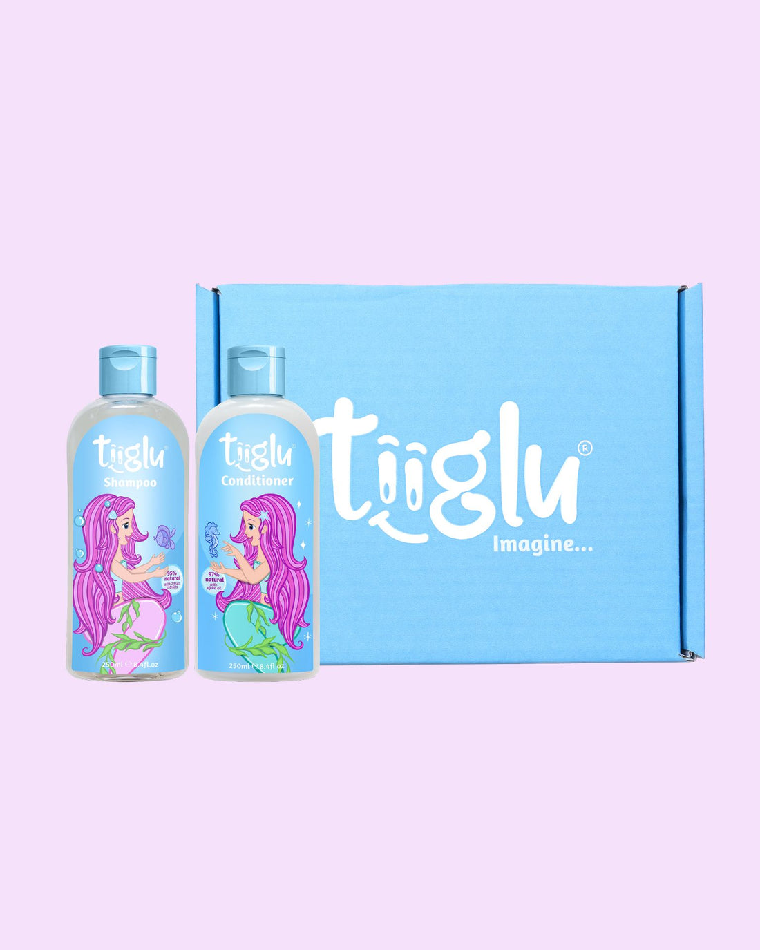 Tiiglu® Mermaid Shine Gift Set: A magical duo for kids featuring a pink-haired mermaid—Mermaid Shampoo (95% natural) and Conditioner (97% natural). Vegan, cruelty-free, in eco-friendly packaging, presented in a blue Tiiglu® gift box.