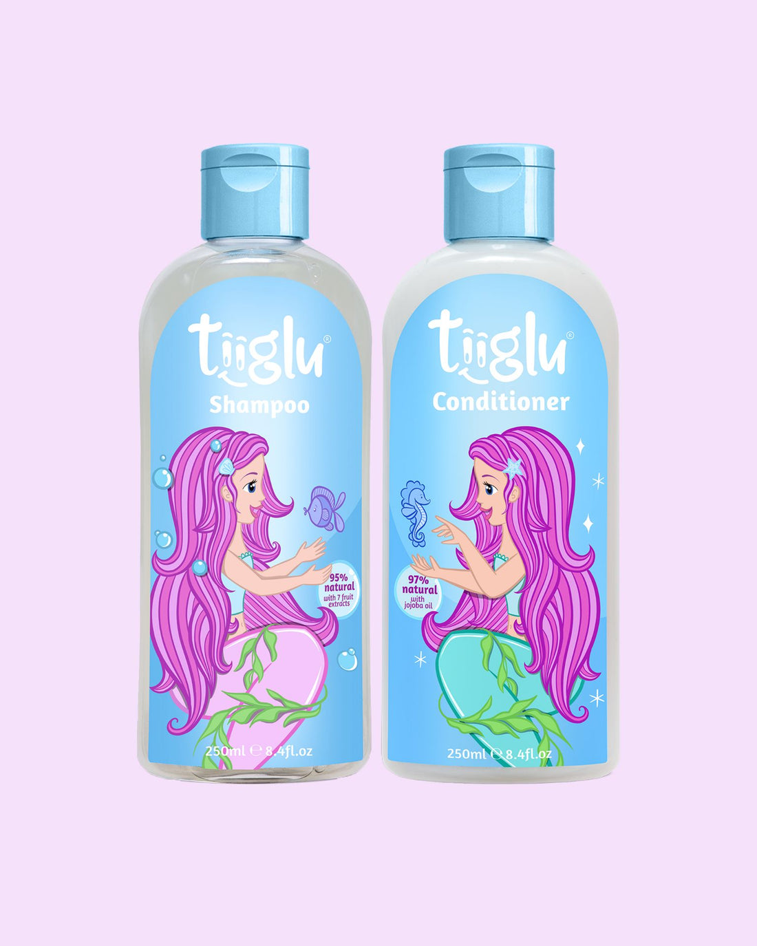 Tiiglu® Mermaid Shine Set: A magical duo for kids featuring a pink-haired mermaid—Mermaid Shampoo (95% natural) and Conditioner (97% natural). Vegan, cruelty-free, in eco-friendly packaging.