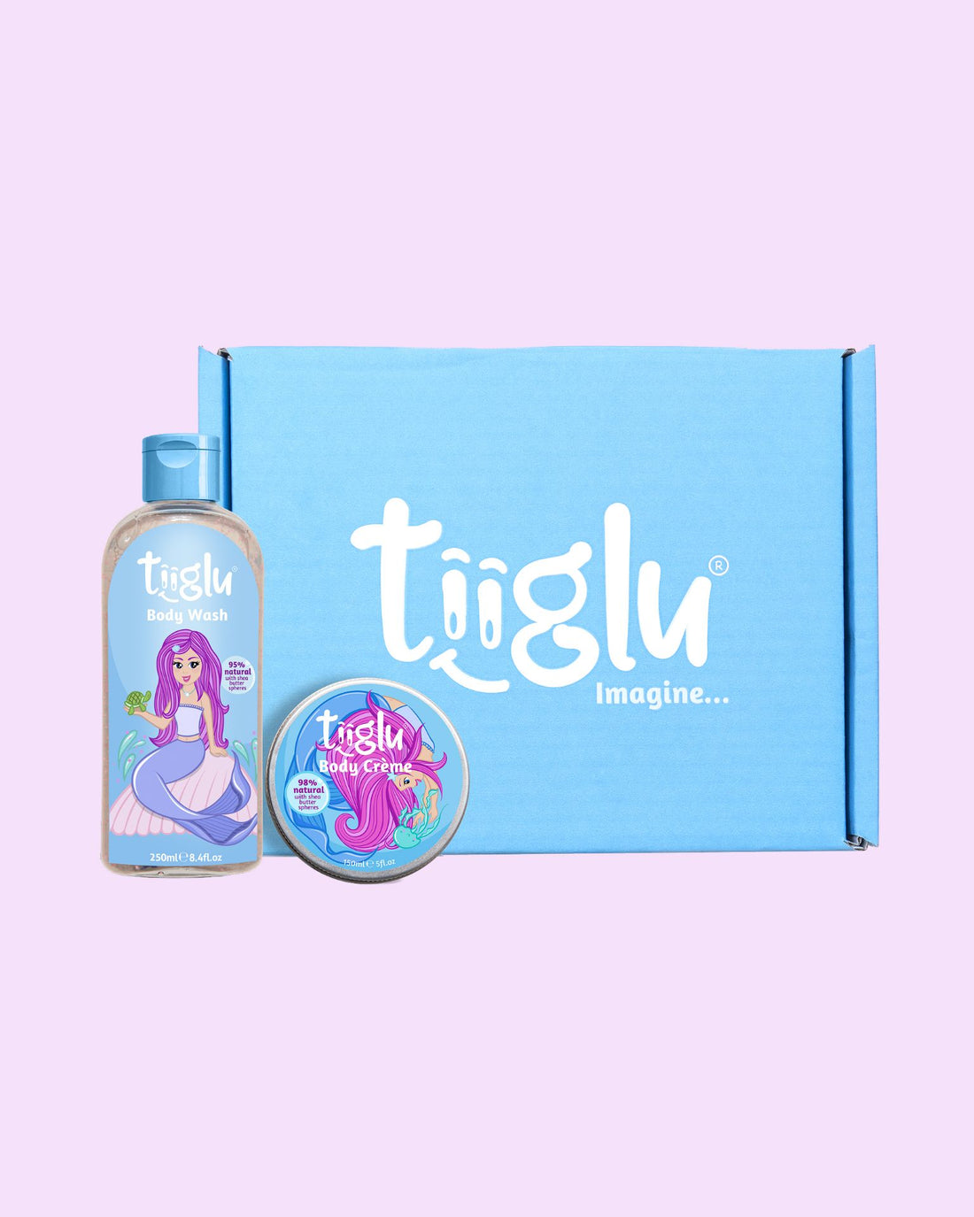 Tiiglu® Mermaid Sparkle Gift Set: A delightful duo for kids featuring a pink-haired mermaid—Mermaid Body Wash (95% natural) and Body Crème (98% natural) with pretty stickers. Vegan, cruelty-free, in eco-friendly packaging, presented in a blue Tiiglu® gift box.
