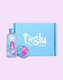 Tiiglu® Mermaid Sparkle Gift Set: A delightful duo for kids featuring a pink-haired mermaid—Mermaid Body Wash (95% natural) and Body Crème (98% natural) with pretty stickers. Vegan, cruelty-free, in eco-friendly packaging, presented in a blue Tiiglu® gift box.