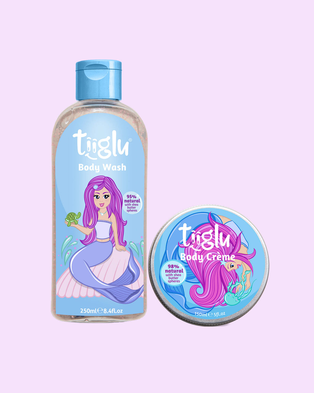 Tiiglu® Kids Mermaid Sparkle Set: A delightful duo for kids featuring a pink-haired mermaid—Mermaid Body Wash (95% natural) and Body Crème (98% natural). Vegan, cruelty-free, in eco-friendly packaging.