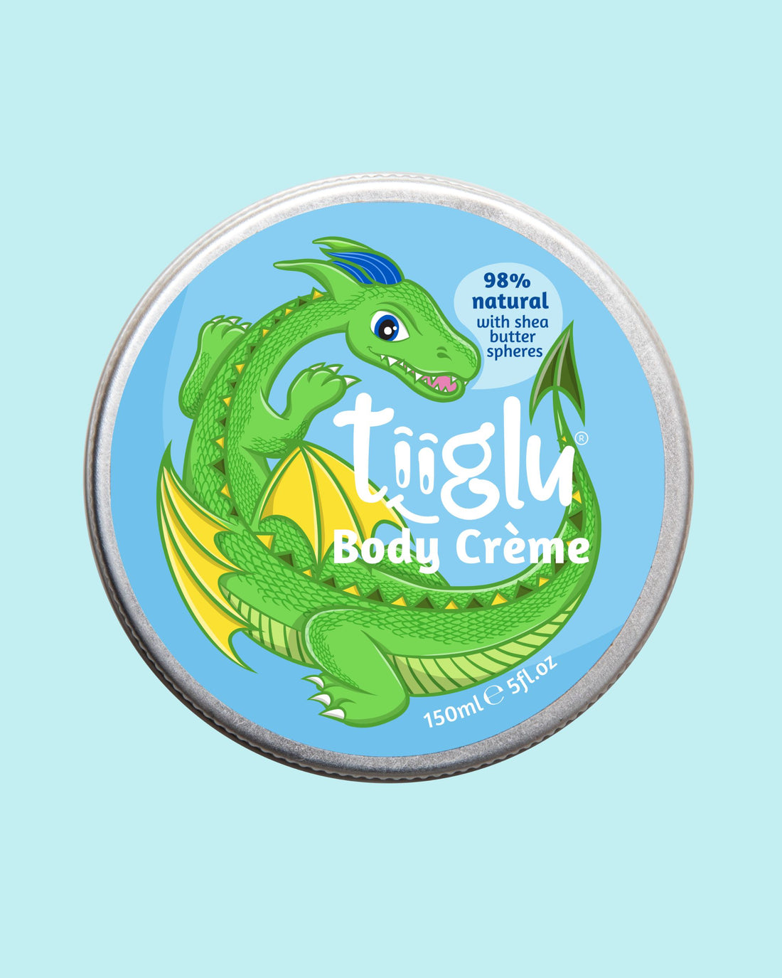 Tiiglu® Kids Dragon Body Crème lid (150ml), with a green dragon on a light blue background, &