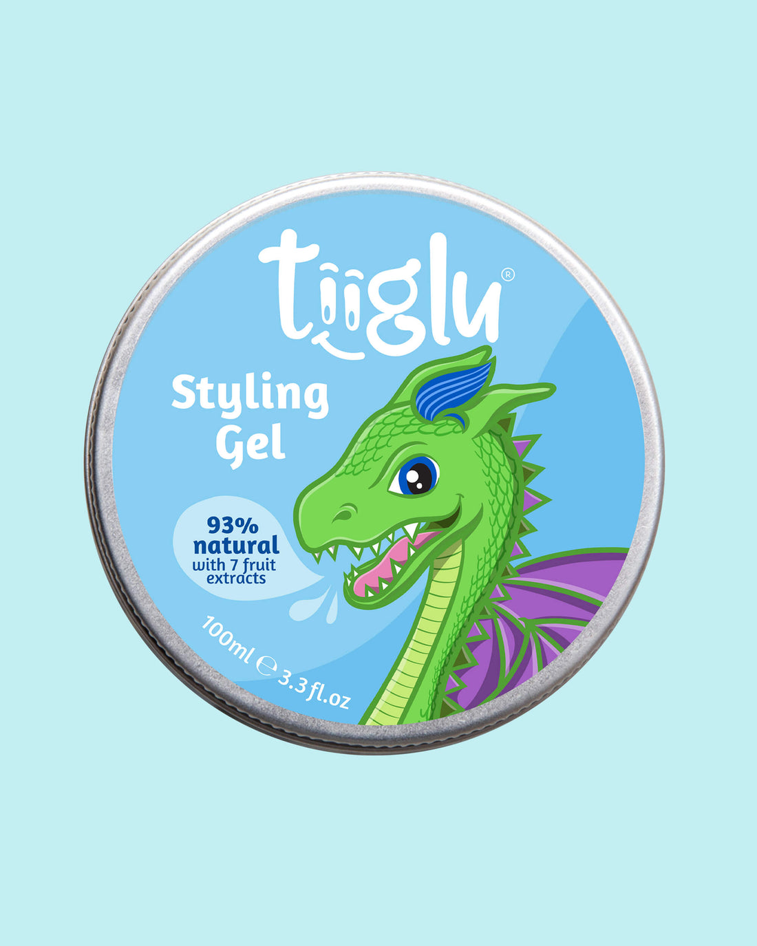 Tiiglu® Kids Dragon Styling Gel lid (100ml), with a green dragon on a light blue background, &