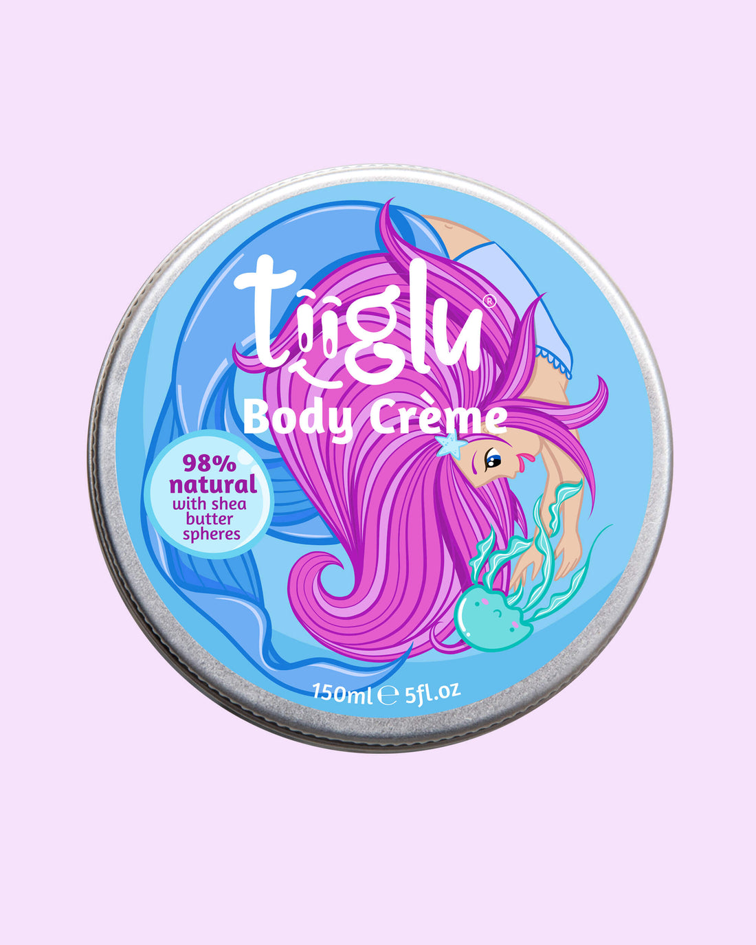 Tiiglu® Kids Mermaid Body Crème lid (150ml), with a pink-haired mermaid on a light blue background, &
