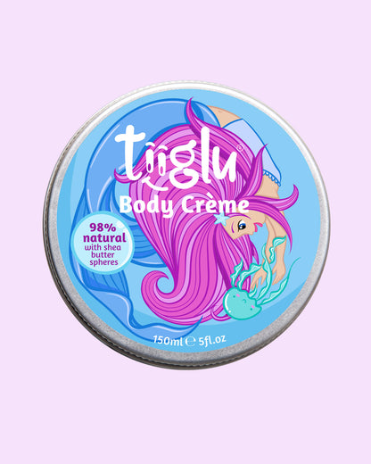 Tiiglu® Kids Mermaid Body Crème lid (150ml), with a pink-haired mermaid on a light blue background, &