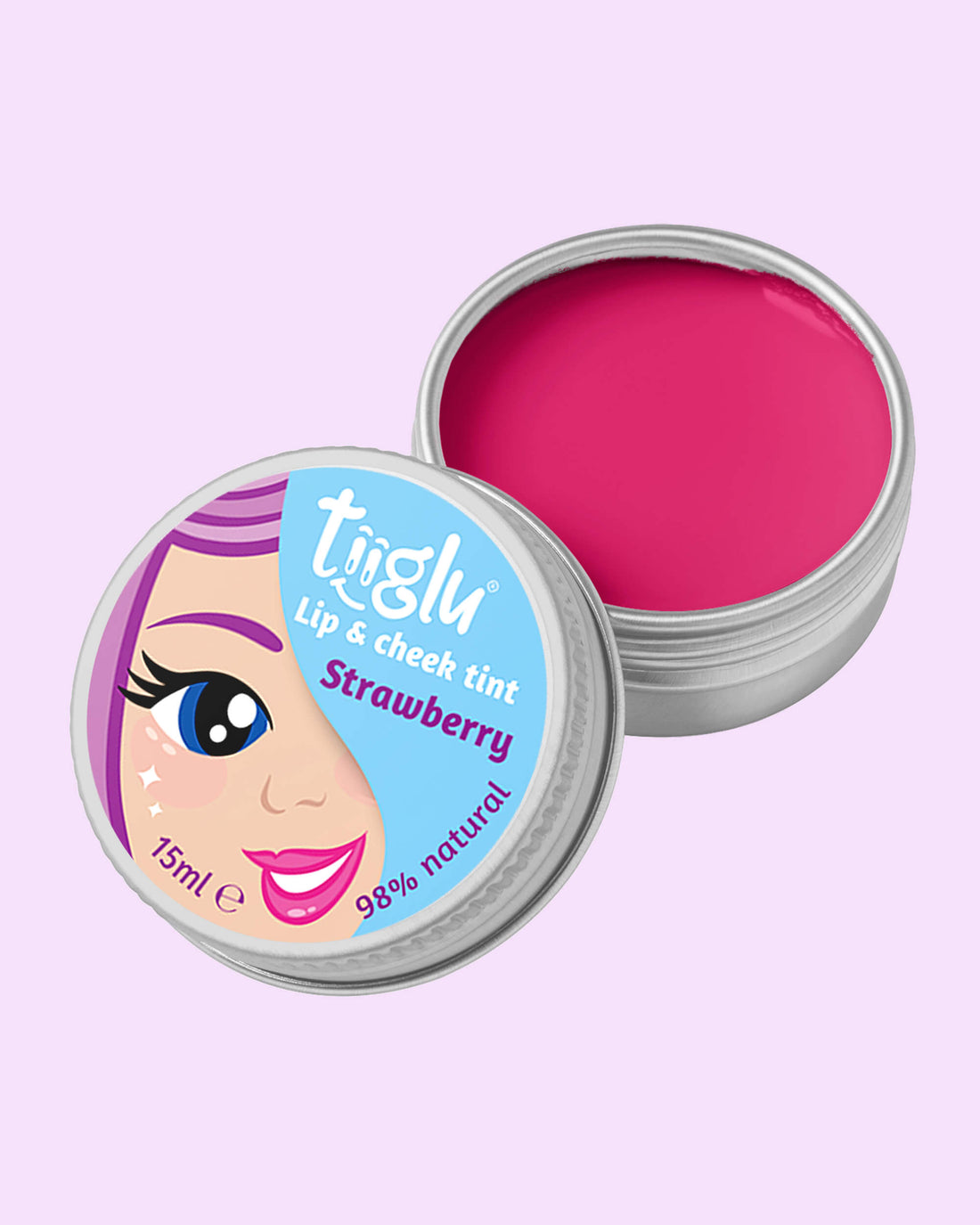 Tiiglu® Kids Mermaid Lip &amp; Cheek Tint (15ml) in an open jar with pink tint. Label has a mermaid face on light blue, &