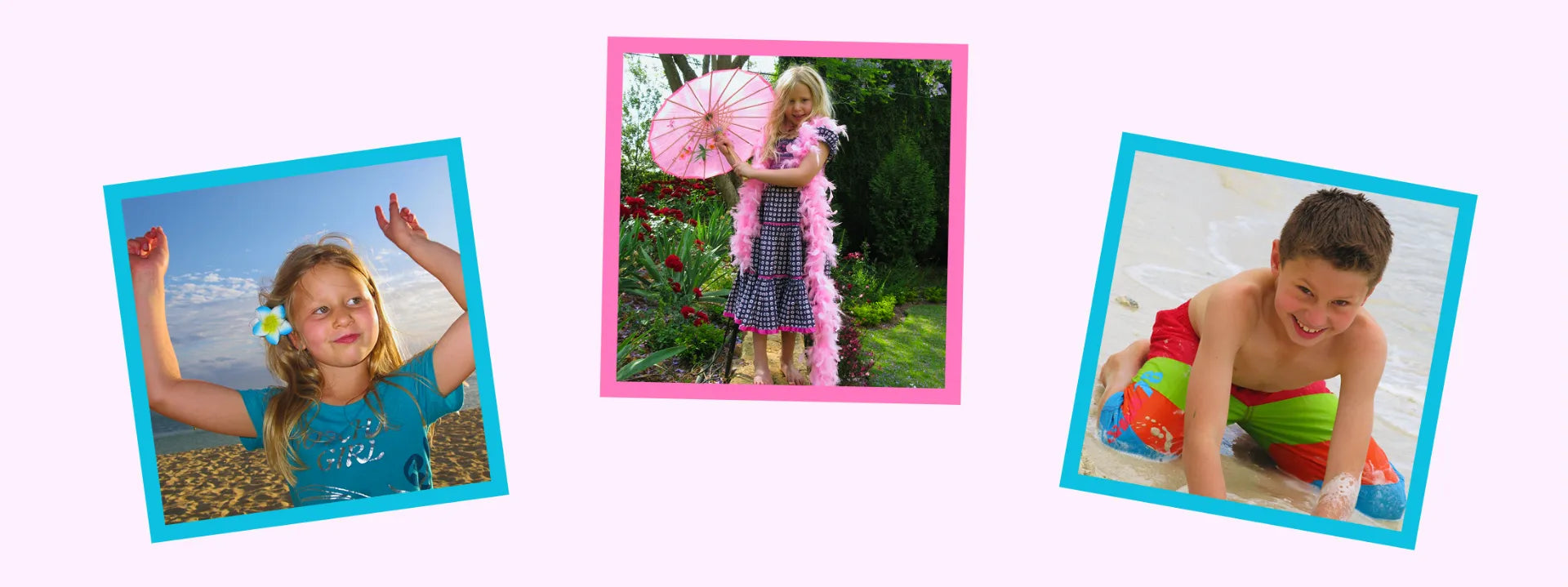 A  blonde little girl happy on the beach, the same girl plying dress up with feathers and a little boy playing in the ocean. THis image forms part of Tiiglu® Our Story page.